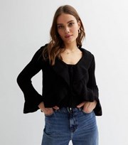 New Look Black Brushed Ribbed Knit Long Frill Sleeve Tie Front Cardigan